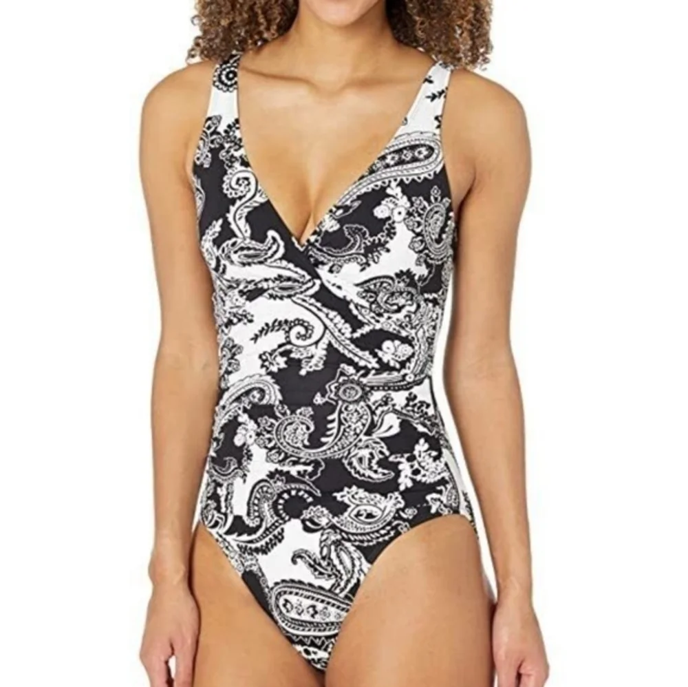 Speedo Paisley Relay Criss-Cross Black & White One Piece Swimsuit
